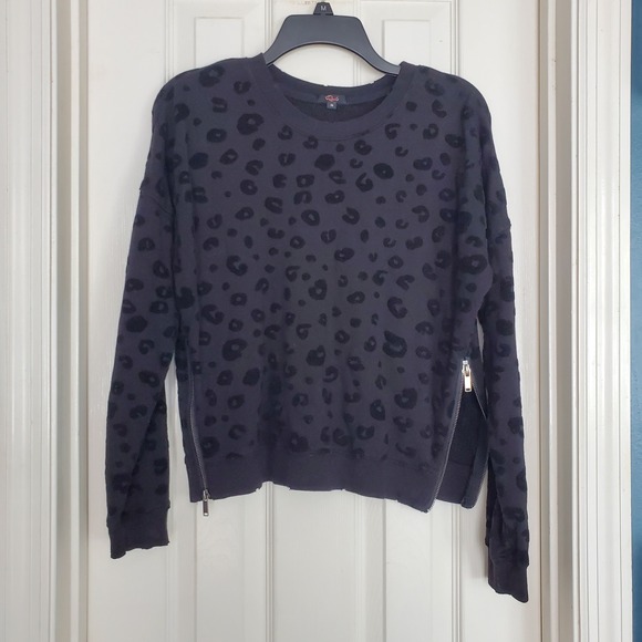 Rails Tops - Rails Marlo Black Flocked Leopard Side Zip Sweatshirt 801-352-588 Womens XS